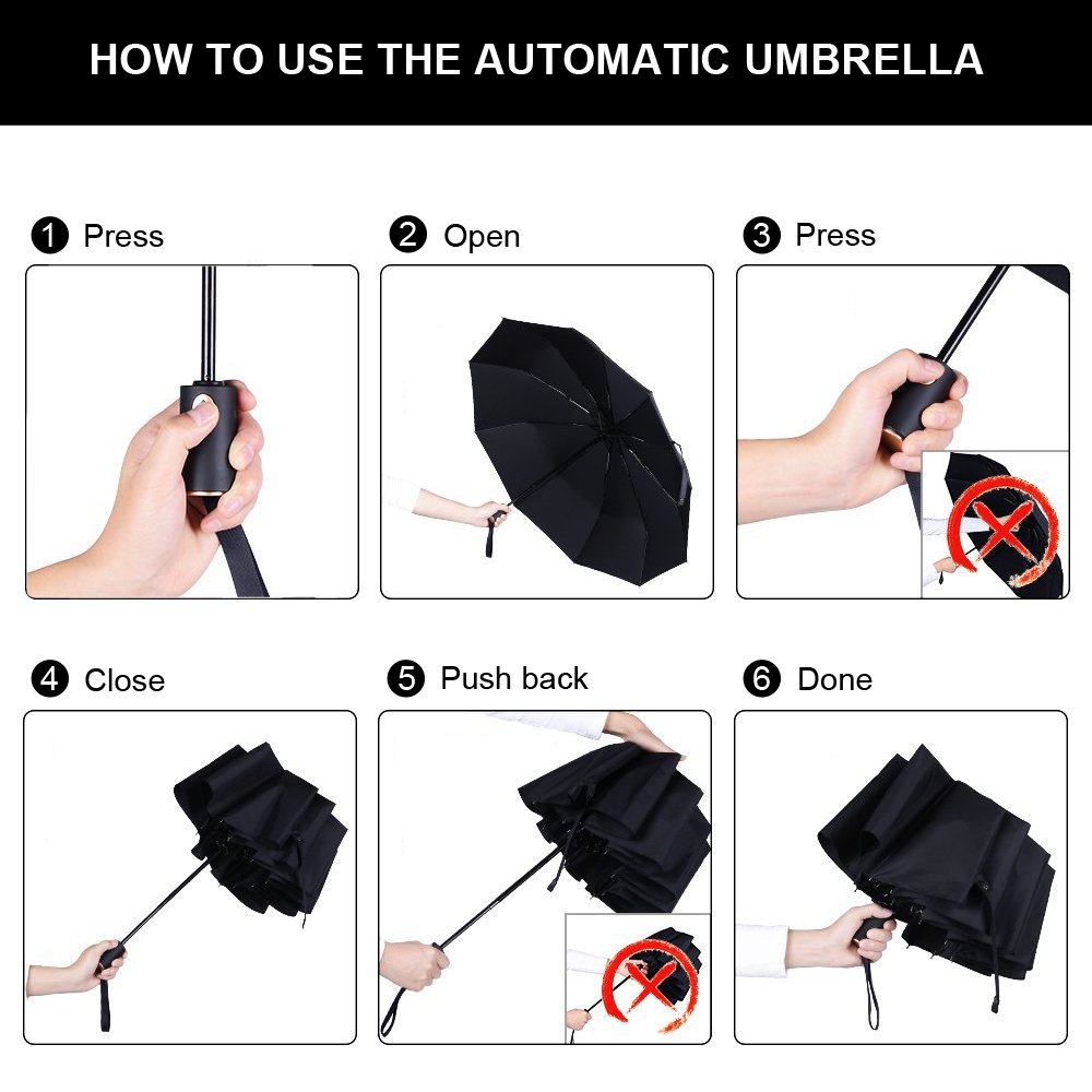 JB Large Windproof Compact Travel Rain Umbrella Auto Open Close for Men Women 10Ribs 46\