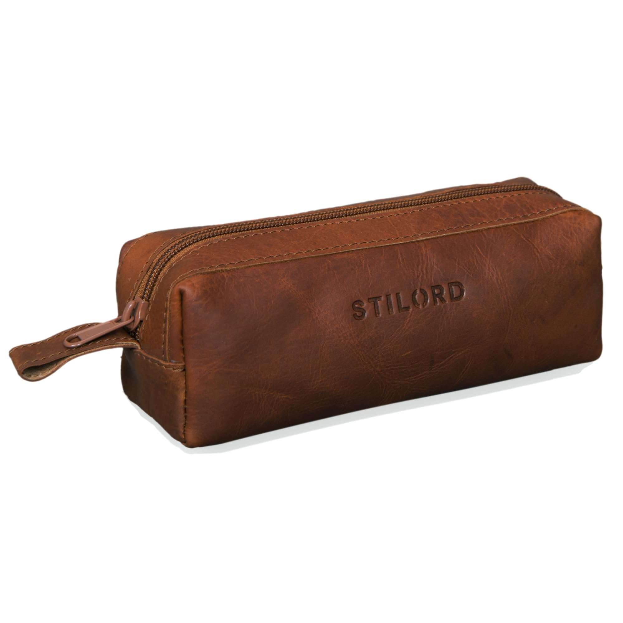 STILORD "Linus" Pencil Case Leather Pen Case Pouch Office University College Women Men Stationary Vintage Leather Colour:Cognac-Brown