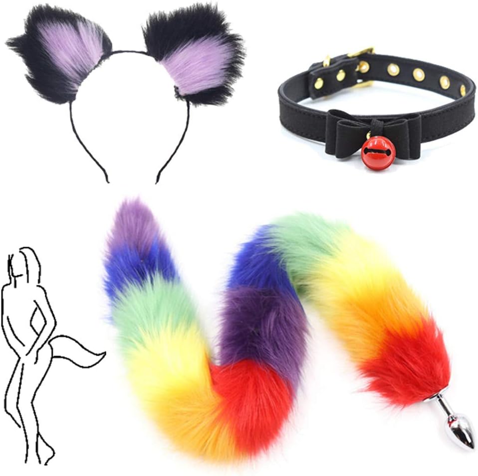 3Pcs, Headband- Long Rainbow Cosplay B-ü-t-t P-l-ǔ-g Fox Tail- Collar Halloween Party Toys (Black-Purple, S)