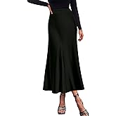 DERAX Women's Stain Skirt Fall Silk Elegant High Waist Work Cocktail Party Wedding Flowy A Line Midi Long Length Skirts