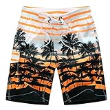 Yete Men's Colorful Stripe and Coconut Tree Printing Beach Board Shorts