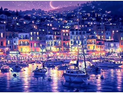 DIY Oil Painting, Paint by Number Kit for Home Wall Decor Art Gift, Harbor Night