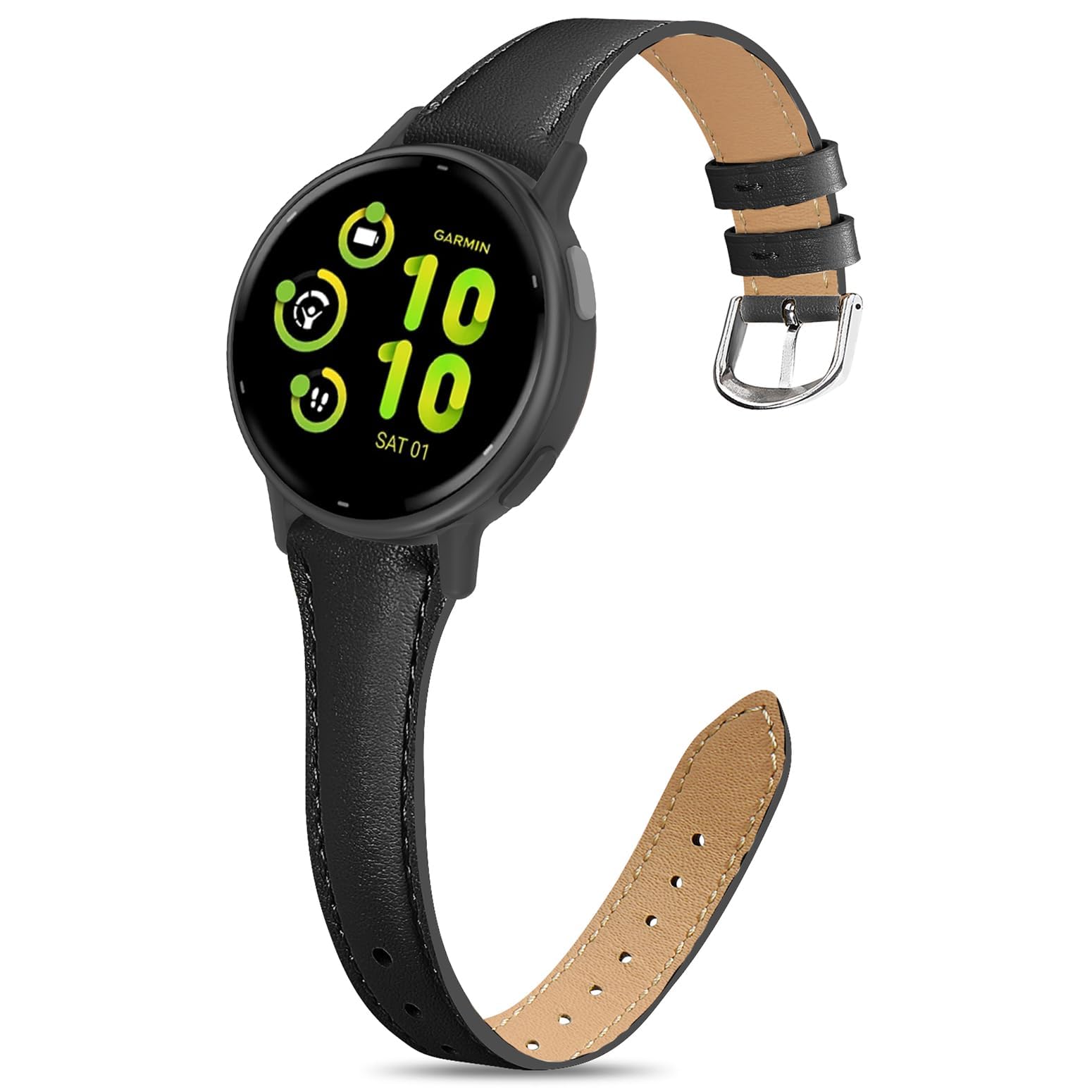EverAct Slim Leather Band Compatible with Garmin Vivoactive 6/Vivoactive 5/3/3 Music, 20mm Genuine Leather Thin Soft Narrow Replacement Strap for Venu Sq 2/Venu 2 Plus/Forerunner 165/55/245/645 Music