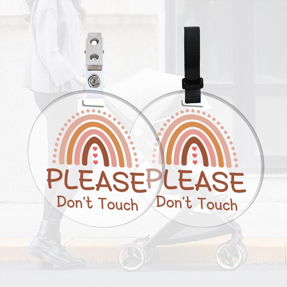 Photo 1 of FREEBLOSS 2 Pack No Touching Baby Car Seat Sign, Rainbow No Kissing Baby Stroller Tag Please Do Not Touch Baby Sign with 4 Hanging Strap and Clip for Newborn Baby Girl Boy, Gift for New Mom Dad