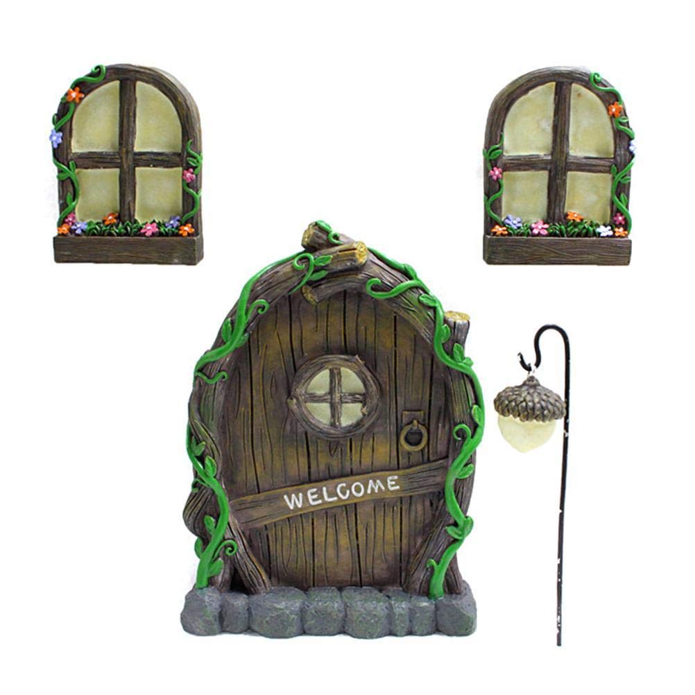 Chiyyak Fairy Door, Fairy House Luminous Gnome House Door and Window Miniature Garden Decor UV Glowing Tree Decor Craft Garden Sculpture for Garden Trees (B)