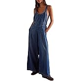 D-Sun Women Denim Overalls Wide Leg Bib Pants Adjustable Strap Sleeveless Jean Jumpsuit Backless Elastic Waist Rompers