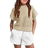 Haloumoning Girls Short Sleeve T Shirt Crewneck Knit Crop Top Hollow Out Pullovers Sweater 5-14 Years