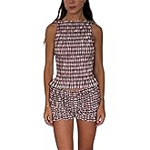 Thopavenoir Women Shirred Tank Top Shorts Set Two Piece Lounge Pajamas Set Sleeveless Pleated Cop Top Ruched Shorts Beach Set