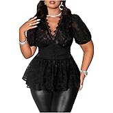 MakeMeChic Women's Plus Size Sexy Sheer Lace Tops Peplum Floral Mesh Going Out Party Tops Ruffle Low Cut Short Sleeve T-Shirt