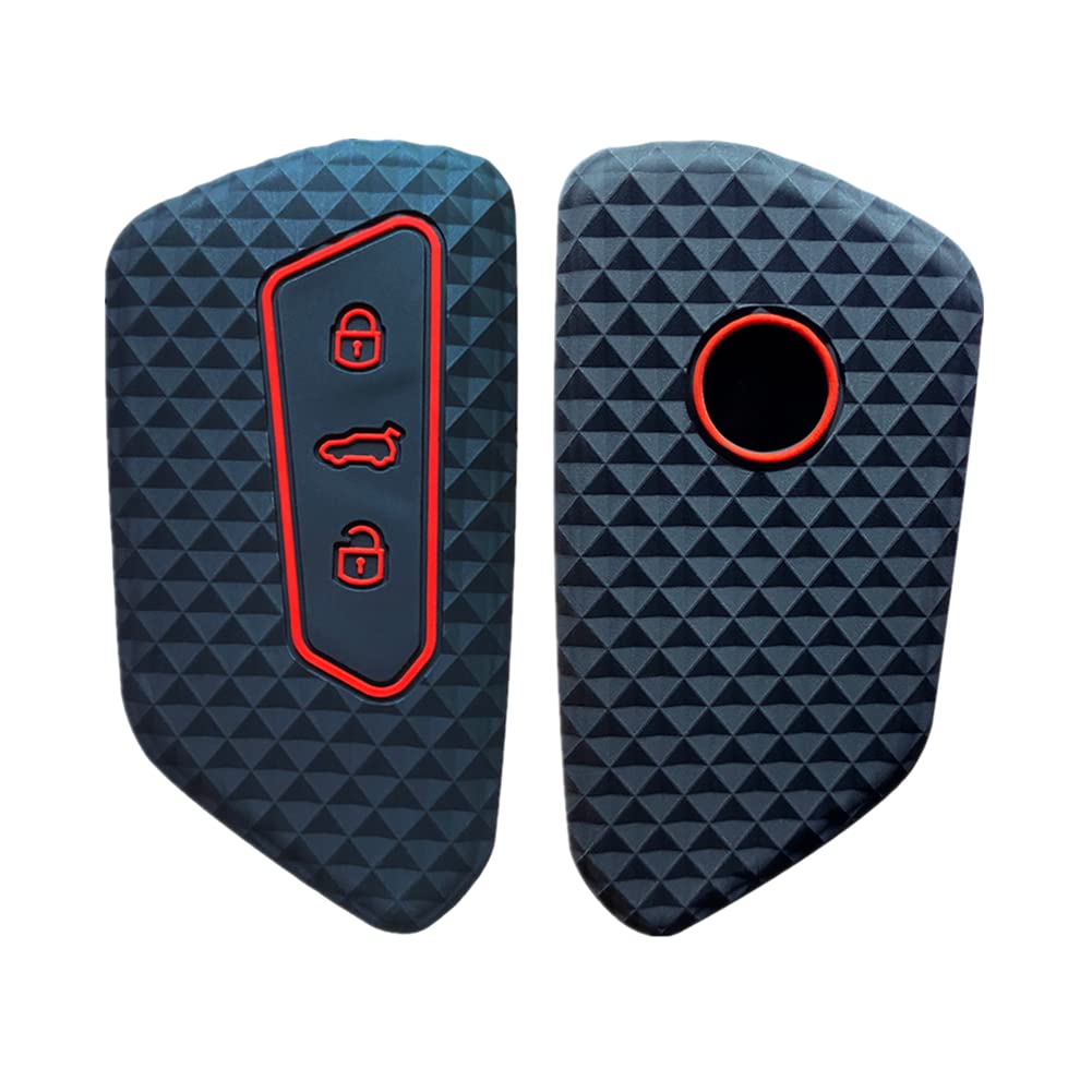 Happyit Silicone Car Key Cover Case for Volkswagen VW Golf 8 MK4 Mk8 Skoda Octavia 3 Buttons Remote (Black + Red)