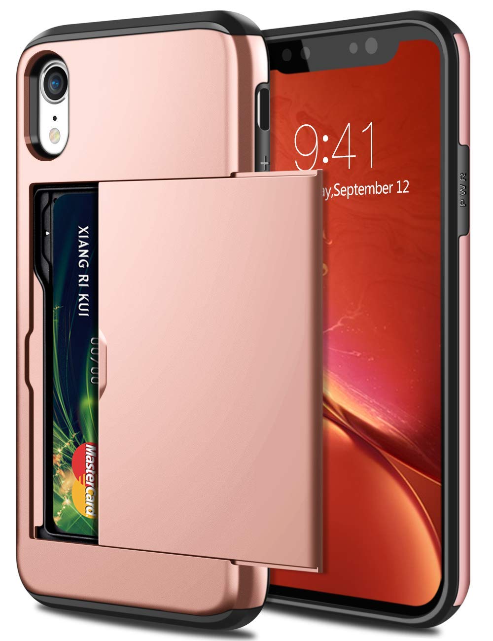 Case for iPhone XR Wallet Case Card Holder Shell Heavy Duty Protection Anti-Scratch Dual Layer Hard PC Soft Rubber Bumper Cover for Apple iPhone XR 6.1 inch - Rose gold