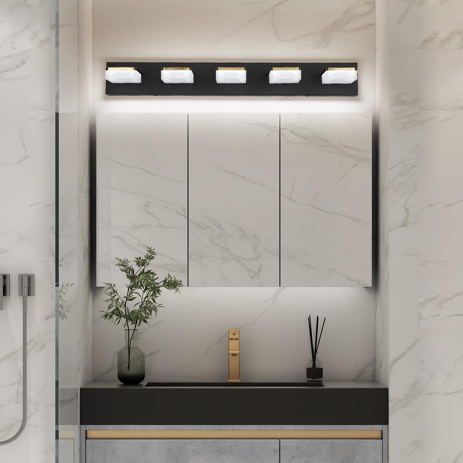 Bicrink 5 Light Bathroom Vanity Light LED 30W Bright Dimmable Bathroom Light Fixtures Over Mirror, Gold Black Vanity Lights for Bathroom, Wall Sconces with Acrylic Lampshade, Daylight 5500K