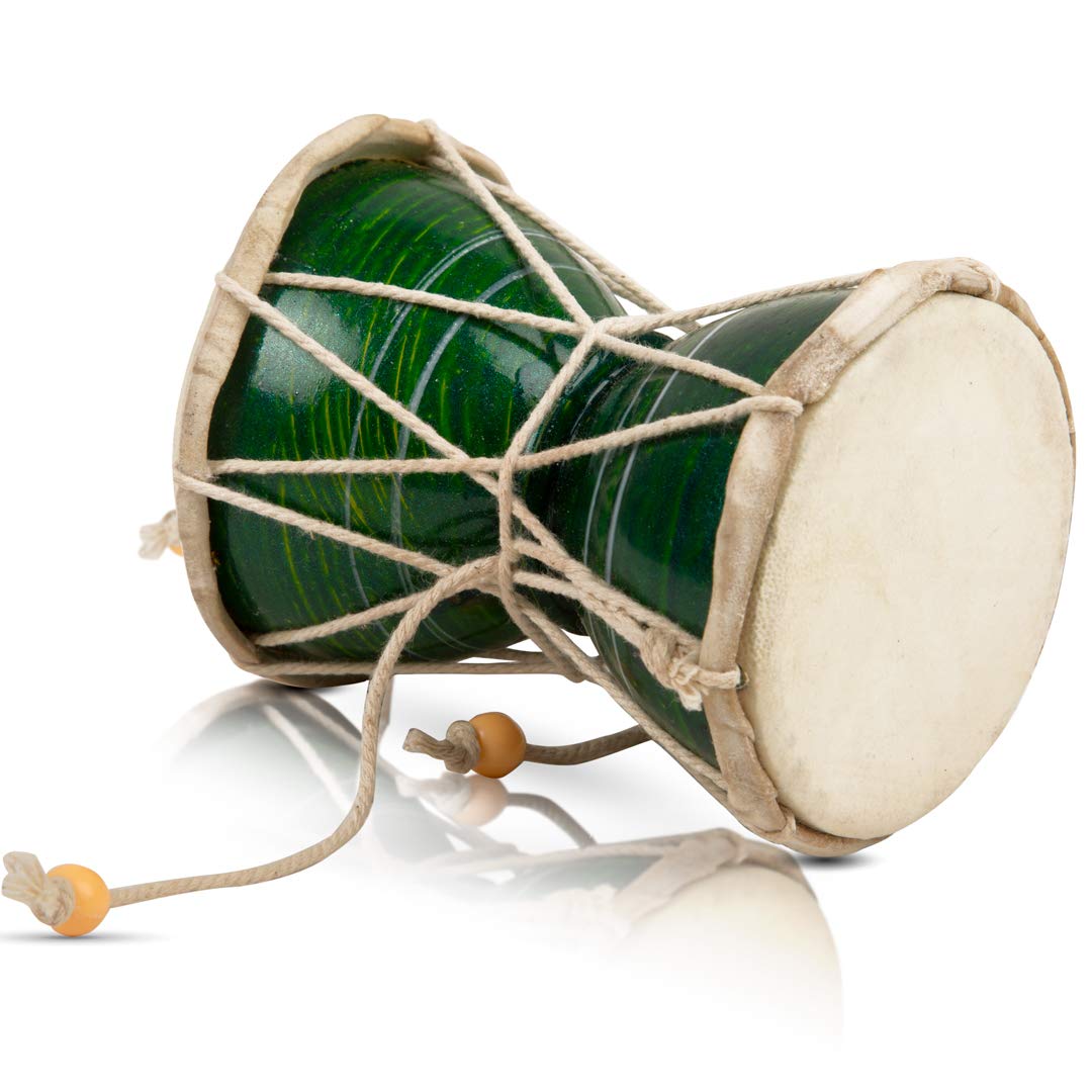 Handmade Wooden & Leather Classical Indian Folk Dumroo Damroo Damaru Hand Drum Set Percussion Decorative Collectible Showpiece World Musical Instruments Fun For Adults Teens Birthday Gift (Green)