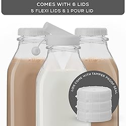 JoyJolt Glass Milk Bottles with Lids and Pourer