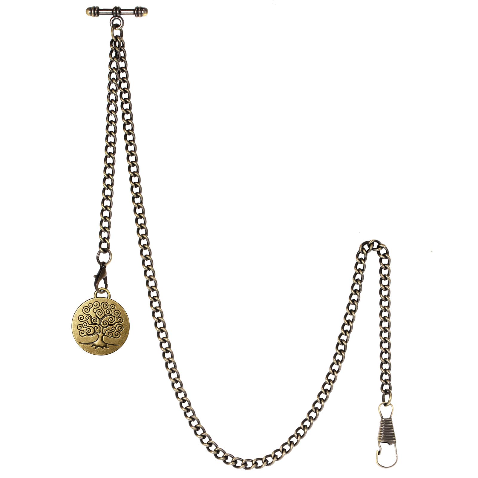 TREEWETO Men's Albert Chain Pocket Watch Curb Link Key Chain 2 Hooks with Antique Life Tree Pendant Design Charm Fob T Bar Bronze