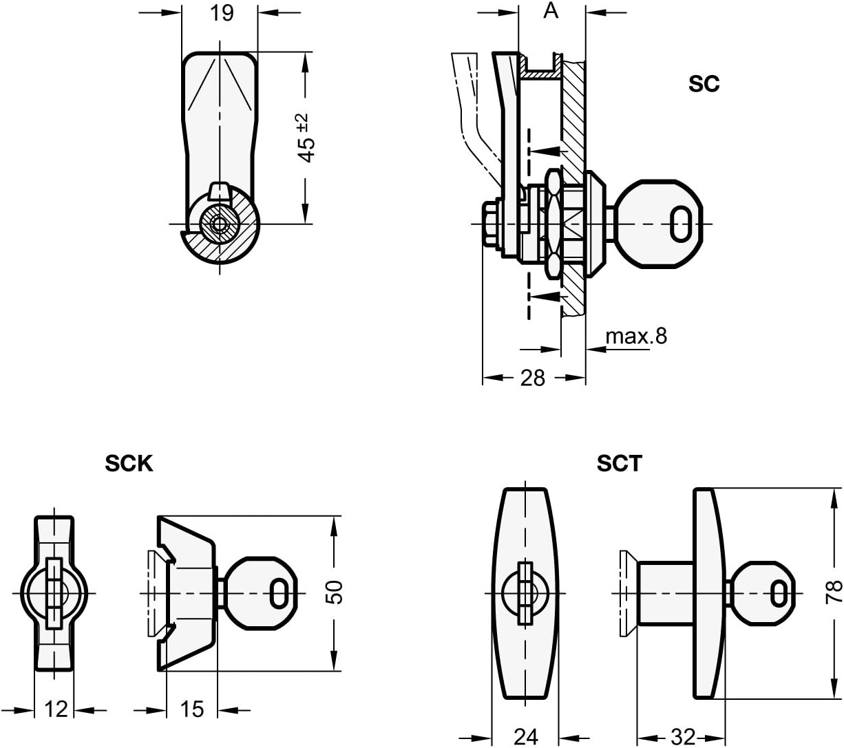 Ganter Normelemente GN 115-SCT-20 115-SCT-20 Locking with Cylinder Key, T-Handle Actuation, Bolt Distance A: 20 mm - Image 3