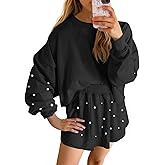 Fisoew Womens Lounge Sets 2 Piece Outfits Decor Pearl Long Sleeve Sweatshirt Skort Skirt Tracksuits Shorts Sets