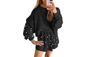 Fisoew Womens Lounge Sets 2 Piece Outfits Decor Pearl Long Sleeve Sweatshirt Skort Skirt Tracksuits Shorts Sets