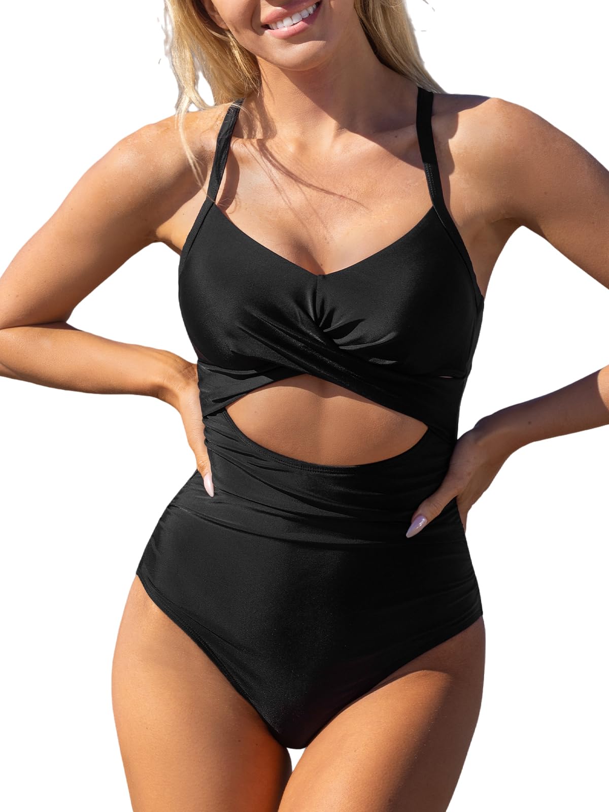 Photo 1 of CUPSHE Women's One Piece Swimsuit Bathing Suit V Neck Cutout Back Tie Swimwear L Black