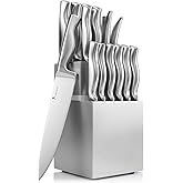 Kangdelun 15-Piece Ultra Sharp Kitchen Knife Set with Wooden Block, Shiny Silver