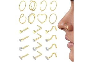 FIBO STEEL 18g 20g Nose Rings Hoops Nose Studs - Hypoallergenic Surgical Steel CZ Nose Stud L Shape Body Nostril Piercing Jewelry for Women Men 14k Gold Plated 20Pcs