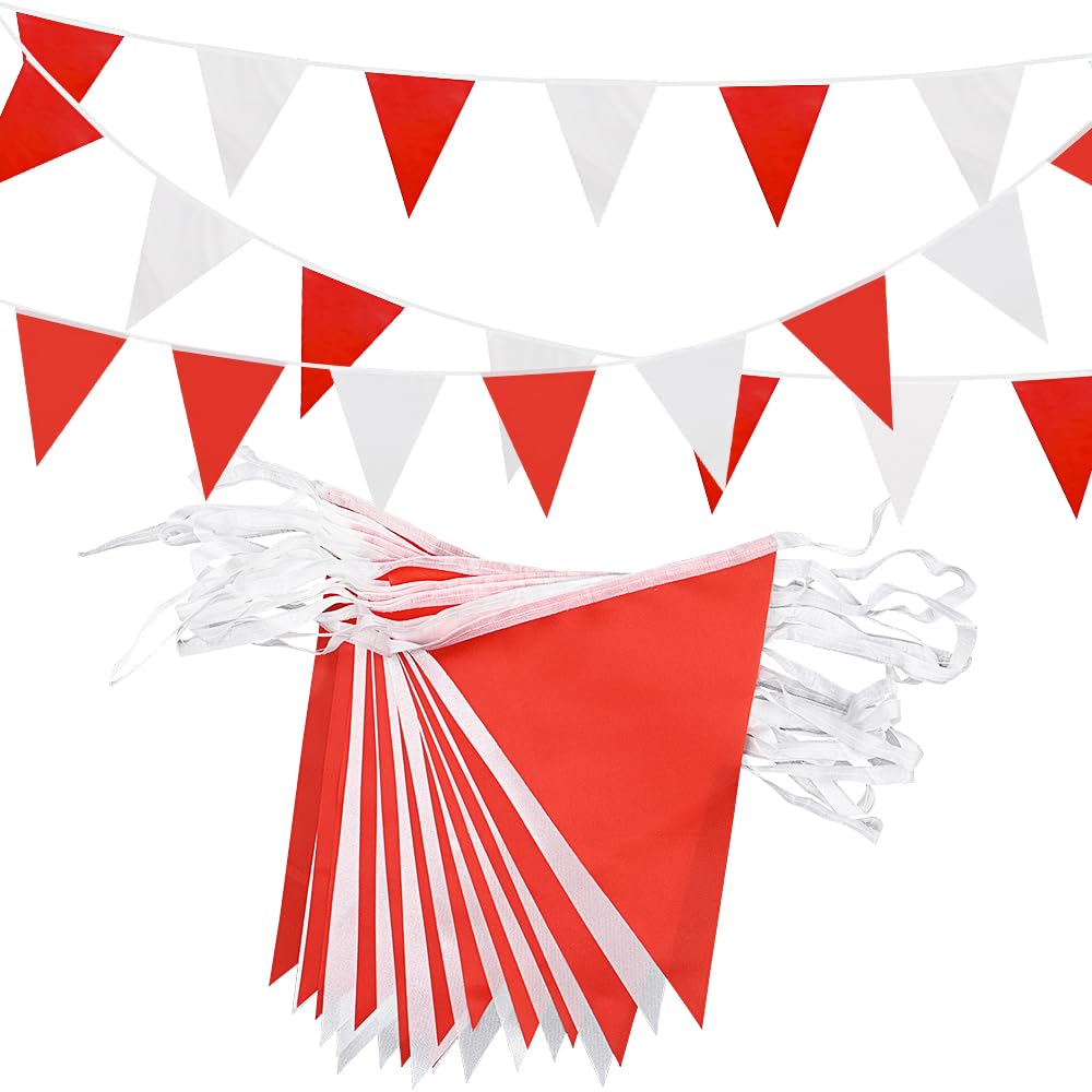 20m 52pcs Red White Bunting, Reusable Waterproof Polyester Fabric Triangle Flags Red and White Banner for Indoor Outdoor Birthday Party Decorations