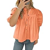 Tankaneo Womens Puff Short Sleeve Button Down Shirts Cotton Pleated Babydoll Blouses Trendy Casual Loose Fit Tops