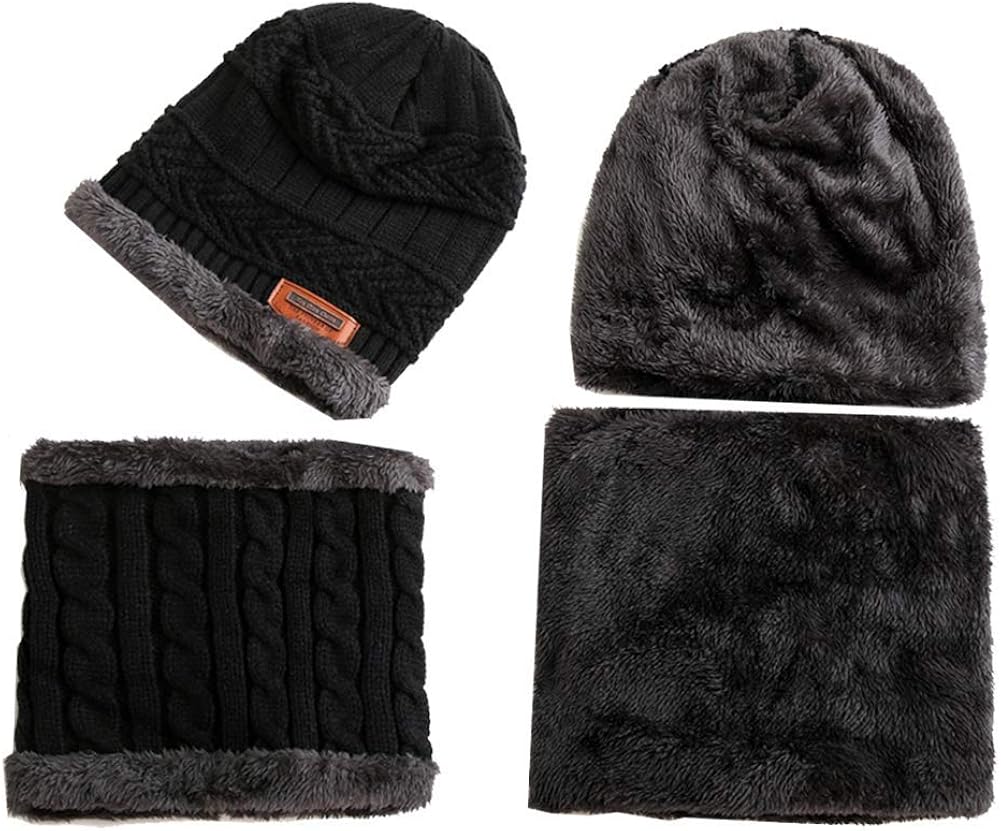 Kids Boys Girls Winter Knitted Beanie Hat Scarf Set 2 Pcs Warm Cap and Neck Warmer (Black 3-8 Years Old): Clothing