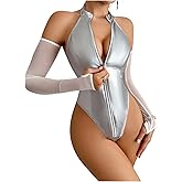 OYOANGLE Women's One Piece Bodysuits Zipper Up Sleeveless Pu Leather Halter Bodysuit Tops with Arm Sleeves