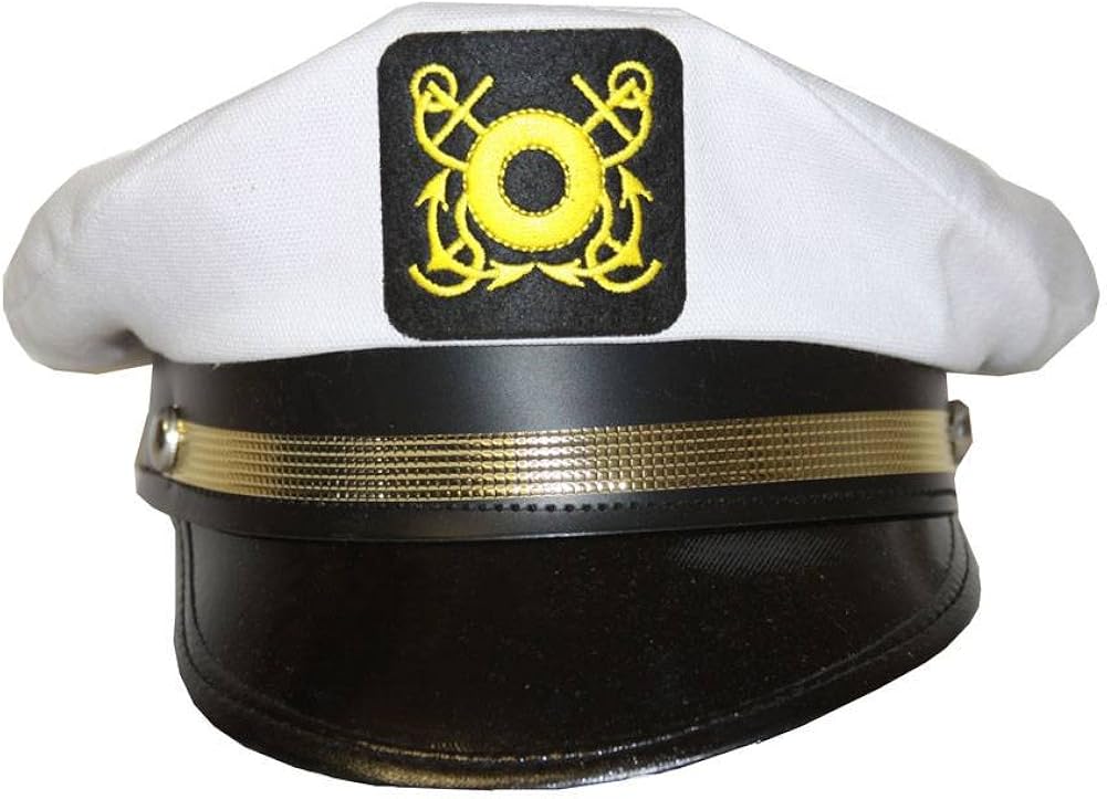 Adjustable Classic Nautical Captain's Hat w/Gold Anchors White at