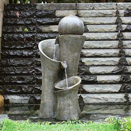 xpiyaer Modern Sphere Patio Floor Fountain 24", Faux Stone Indoor Outdoor Zen Floor Water Fountain with LED Lights for Home Garden,Patio Decor