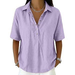 Women Cotton Linen Henley Shirt Short Sleeve Button V Neck Loose Fit Gauze Tops Beach Vaction Shirts