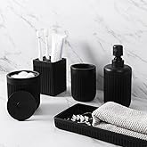 XLHOMO Resin Matte Black Bathroom Accessories Set 5 Pcs, Lotion Soap Dispenser, Toothbrush Holder, Bathroom Tumbler, Qtip Holder and Vanity Tray, Bathroom Countertop Organizer Set for Home Apartment