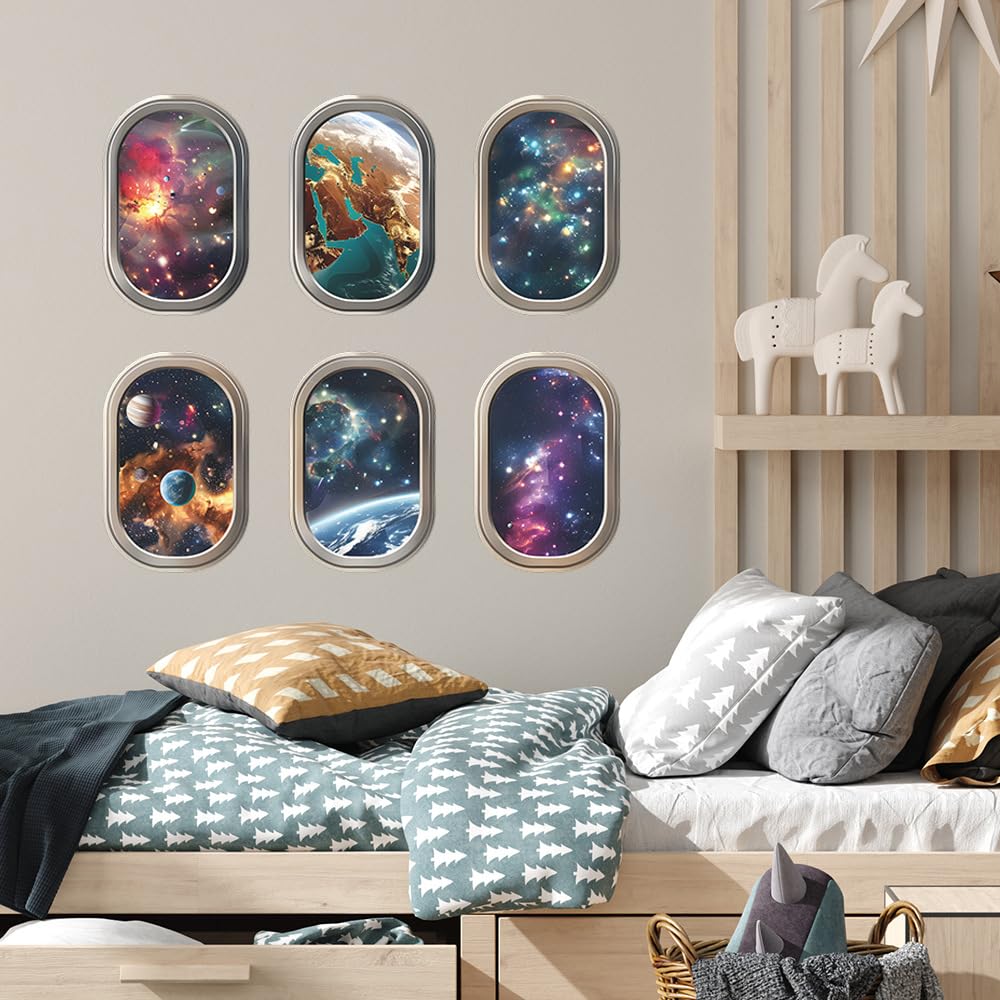 HGDESIGN® Wall Sticker 3D Window University Galaxy Planet Wall Sticker Wall Decoration for Living Room Bedroom Hallway Kitchen (A)