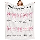 Christian Blanket Pink Bow Decor Religious Gifts for Women Mom Sister Birthday Inspirational Scripture Throw Blankets Baptism Gifts for Girl Christmas Home Decorations 50" x 60"