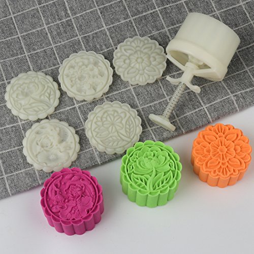 180g 5pcs Cookie Stamps Thickness Adjustable Moon Cake Mold Set, Cookie Press DIY Decoration Hand Press Cutter Cake Dessert Mold