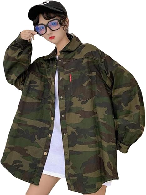 Amazon Shuming シャツ レディース 迷彩柄 長袖 ゆったり ロングシャツ カジュアル 韓国 ジャケット カモフラ Bf風 ファッション 秋 アウター オーバーサイズ 原宿系 Free迷彩 コート ジャケット 通販