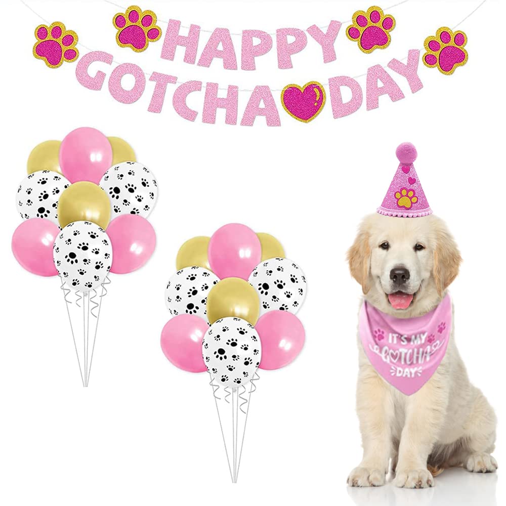 ASOCEA Dog Birthday Party Supplies Happy Gotcha Day Dog Bandana Set Boy Girl Party Banner Dog Birthday Outfit Triangle Scarf for Pet Dogs Cats Adoption Party Decor Accessories-Pink