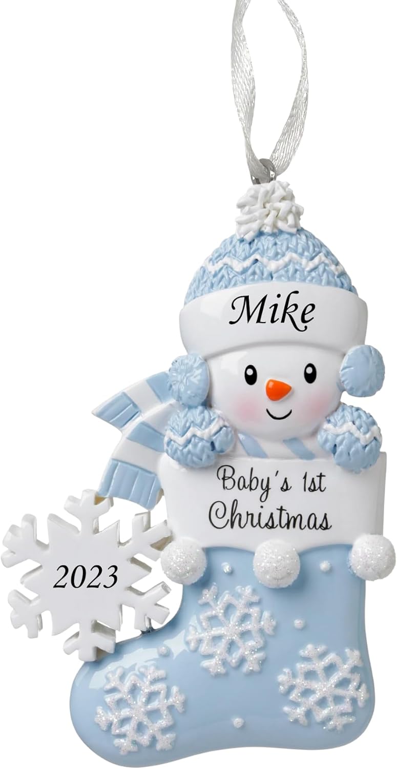 Ornaments - 2023 Personalized Ornament Baby's First Christmas Baby Boy Snowbaby in Stocking with Snowflake Christmas Tree Ornament Artisanal Customized Decoration Baby Ornaments-Free Personalization