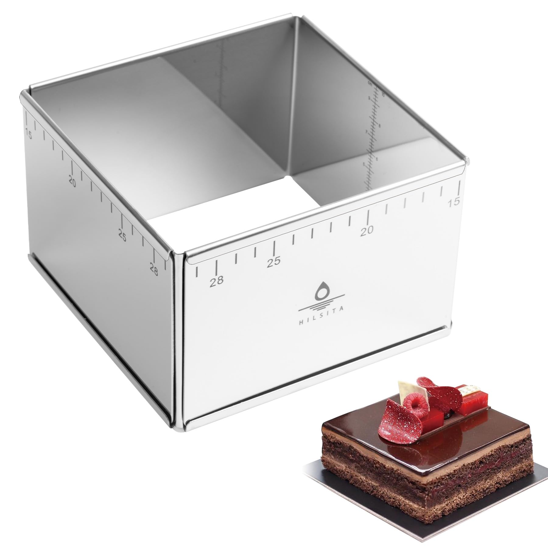 Photo 1 of Hilsita Adjustable Rectangle Mousse Cake Ring Mold - Extendable Stainless Steel Square Shaped Cake Cutter, Bakeware for Customized Baking - Heavy Duty Baking Accessories - 5.9 * 5.9 * 4IN