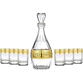 Joseph Sedgh Collection Greek Key Decanter and Shot Glass Set of 7 – 16.9 oz Decanter, 2 oz Shot Glasses. Ideal for Tequila, Vodka, Aperitif. Dishwasher Safe Premium European Grade Glassware