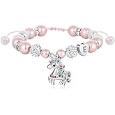C-leen Unicorn Unicorn Bracelet Gifts for Girls Kids - Pink Pearl and Rhinestone Balls Heart Initial Unicorn Bracelets Adjustable Jewelry CZ Unicorn Bracelet Birthday Gifts for Teens