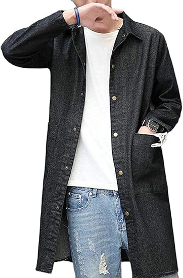 Amazon Keaac メンズパッチ トレンチコート アウトウェア ロングライン デニム ジャケット コート アウターウェア Blue Large コート ジャケット 通販