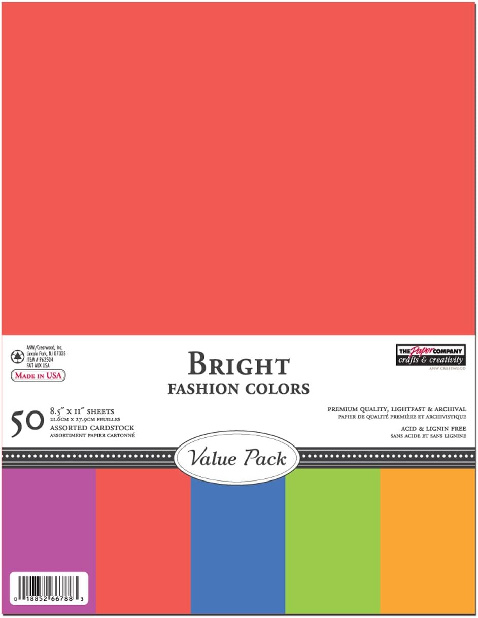 THE PAPER COMPANY, P62504, Bright Cardstock Value Pack, 8-1/2 by 11 (50 Sheets)