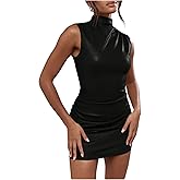 Milumia Women's Ruched Mock Neck Sleeveless Leather Dress Sexy Night Out Mini Dresses
