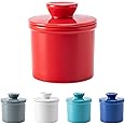 Husfunov Butter Crock with Water Line for Countertop, French Butter Dish with Lid, Ceramic Butter Keeper for Fresh Spreadable Butter, Butter Container Holder for Kitchen and Home Decor, Red