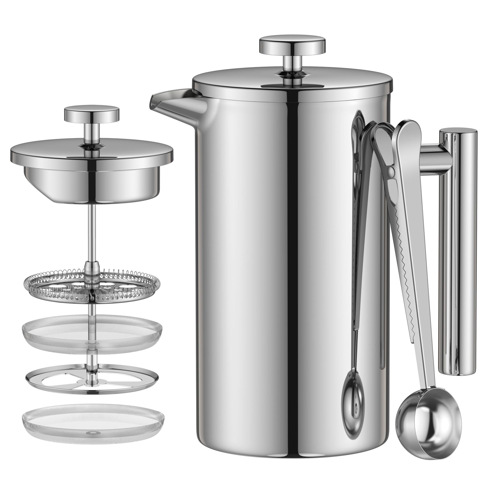 Enfmay Cafetière 8 Cups French Press Coffee Maker, 1000ML 3 Level Filter Double-Walled Insulated Stainless Steel French Press Caffettiere for Home and Office, Extra 1Filter and 2-in-1 Clip Spoon