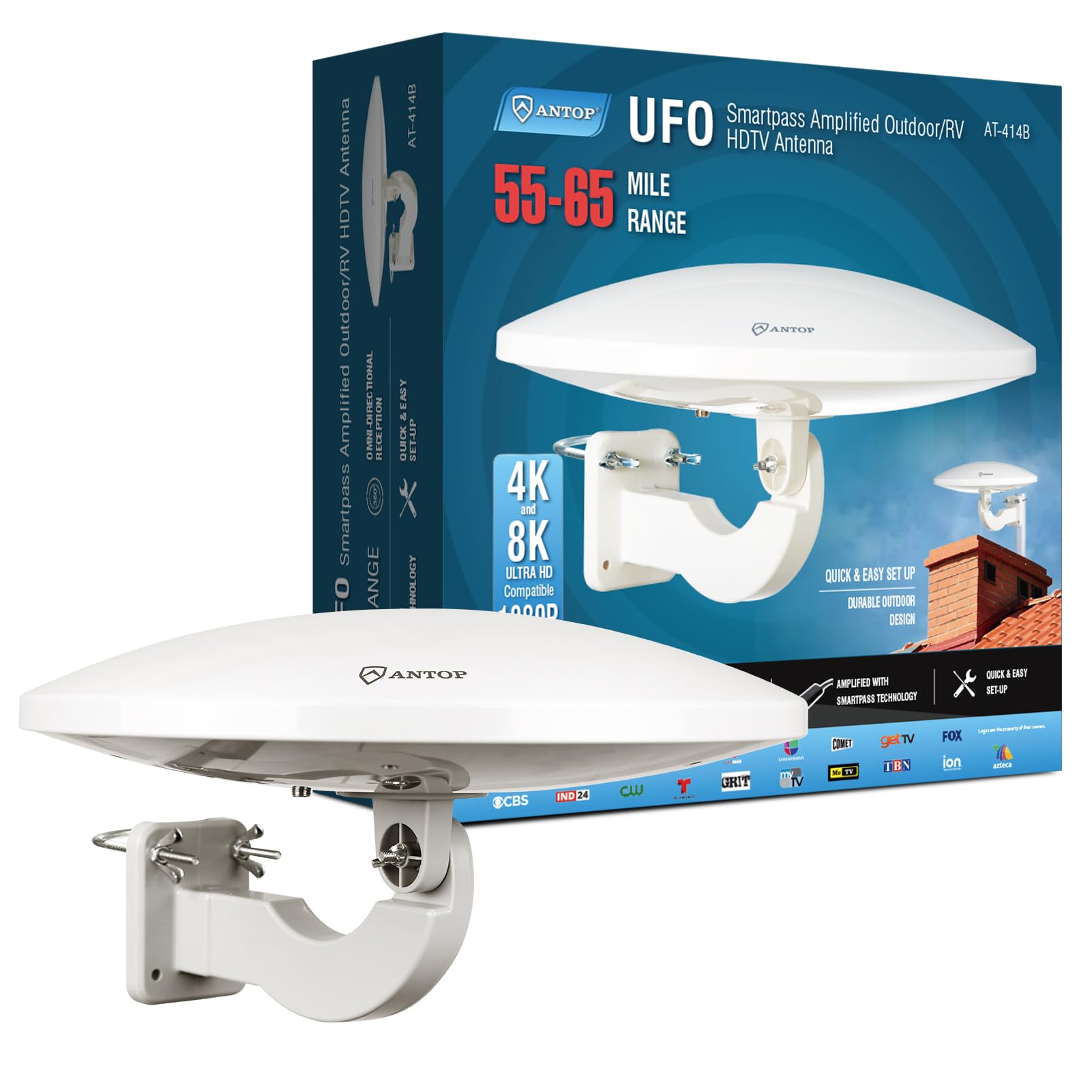 PL-414BG HDTV Antenna UFO 360° Omni-Directional Reception with Smartpass Amplifier & Built-in 4G LTE Filter, Enhanced VHF &UHF Signal, Fit Outdoor/RV/Attic Use (4K UHD Ready)