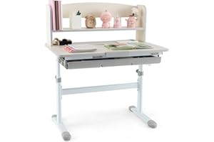Costzon Kids Desk, Height Adjustable Children Study Desk with Tilt Desktop, Storage Drawer, Hutch, Scale Ruler, Student Writing Table, School Desk for Kids Boys Girls Bedroom (Grey)