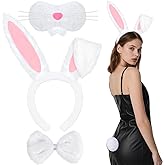Bunny Ears and Tail Set, Easter Rubbit Ears Hearband, Bowtie, Nose for Adults Women Girls, Halloween Costume Accessories Bunny Dress Up Party Supplies
